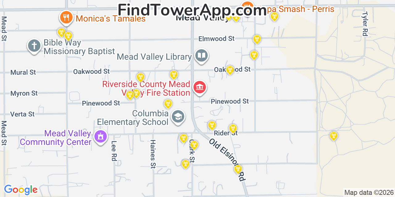 Map showing the 20 primary cell tower locations detected in Mead Valley, California from AT&T, Verizon, and T-Mobile networks