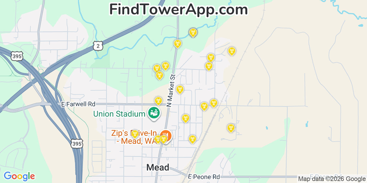 Map showing the 20 primary cell tower locations detected in Mead, Washington from AT&T, Verizon, and T-Mobile networks