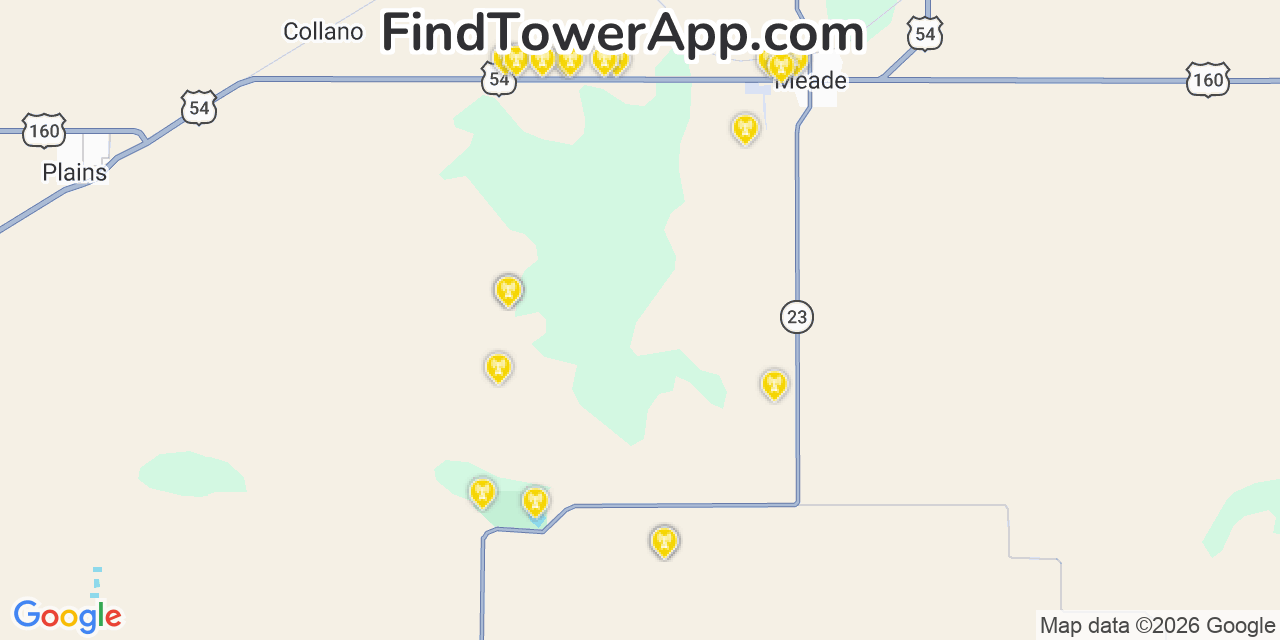 Map showing the 20 primary cell tower locations detected in Meade, Kansas from AT&T, Verizon, and T-Mobile networks