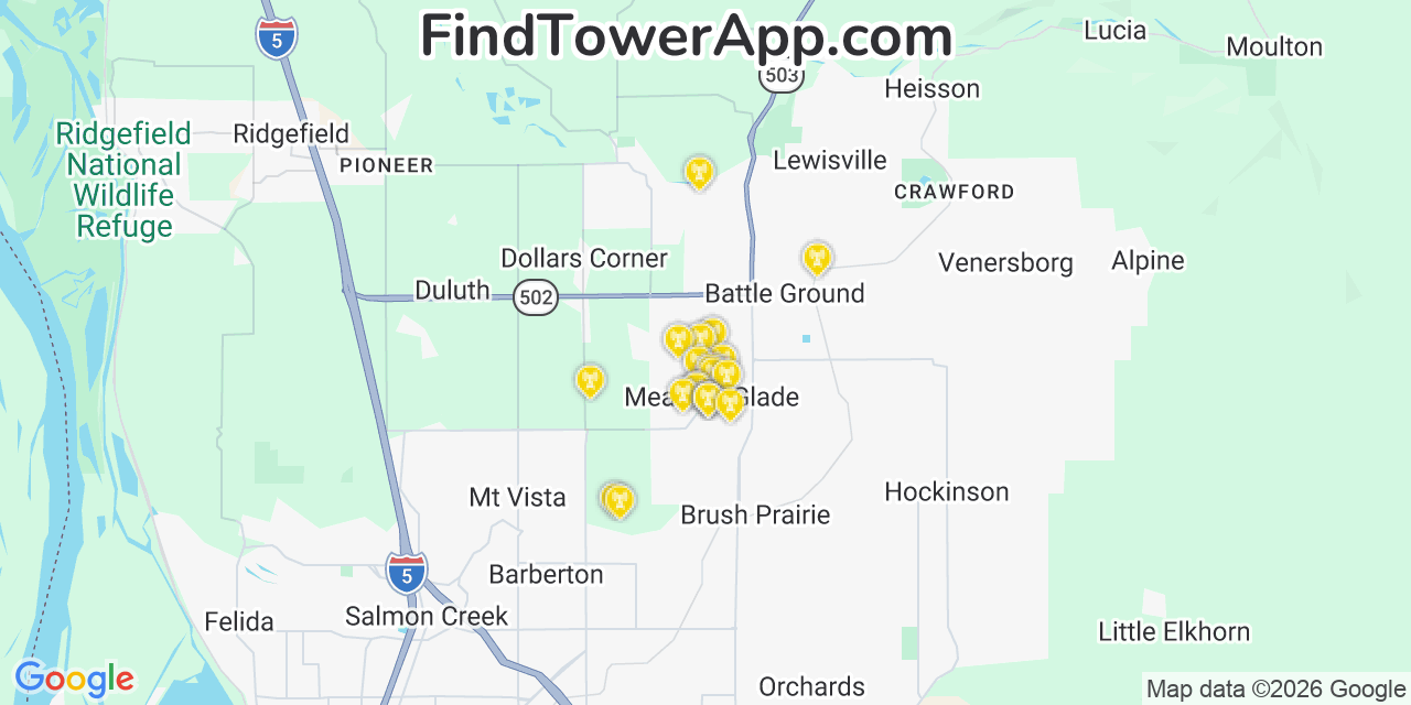 Map showing the 20 primary cell tower locations detected in Meadow Glade, Washington from AT&T, Verizon, and T-Mobile networks