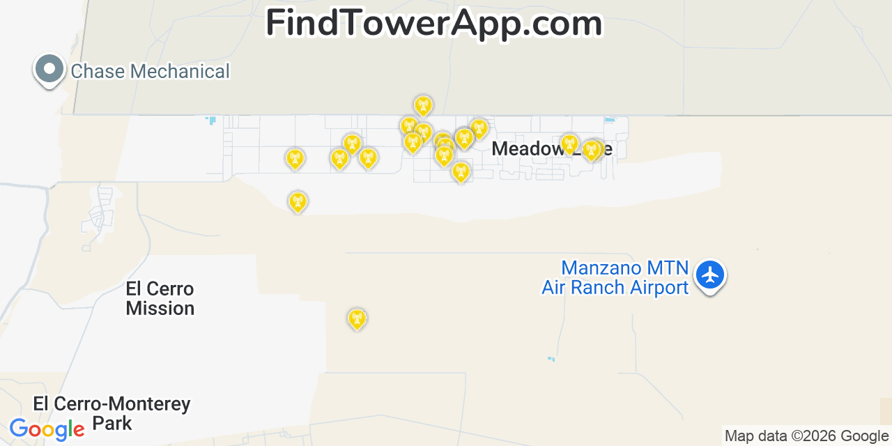 Map showing the 20 primary cell tower locations detected in Meadow Lake, New Mexico from AT&T, Verizon, and T-Mobile networks