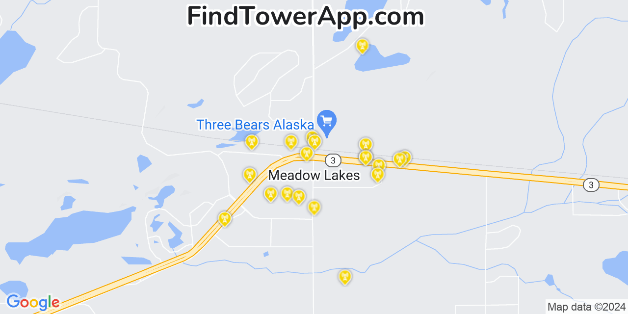 AT&T 4G/5G cell tower coverage map Meadow Lakes, Alaska