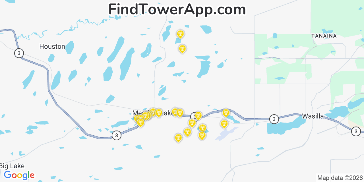 Map showing the 20 primary cell tower locations detected in Meadow Lakes, Alaska from AT&T, Verizon, and T-Mobile networks