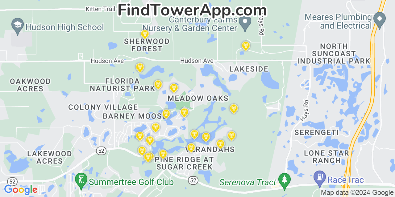 AT&T 4G/5G cell tower coverage map Meadow Oaks, Florida