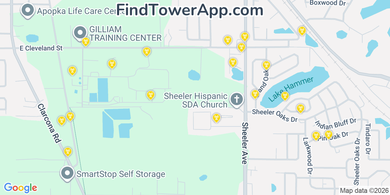 Map showing the 20 primary cell tower locations detected in Meadow Oaks, Florida from AT&T, Verizon, and T-Mobile networks