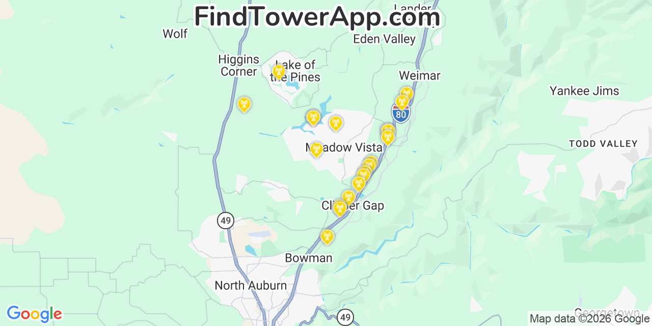 Map showing the 20 primary cell tower locations detected in Meadow Vista, California from AT&T, Verizon, and T-Mobile networks
