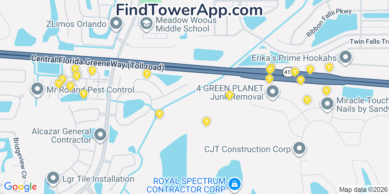 Map showing the 20 primary cell tower locations detected in Meadow Woods, Florida from AT&T, Verizon, and T-Mobile networks
