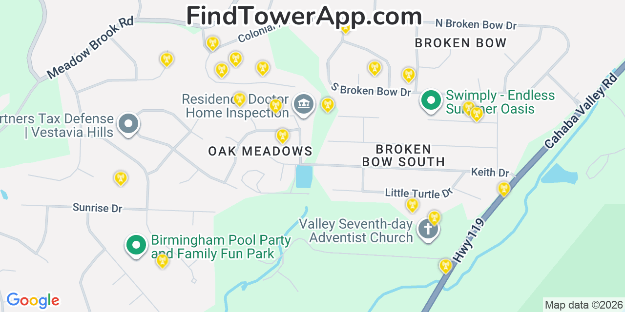 Map showing the 20 primary cell tower locations detected in Meadowbrook, Alabama from AT&T, Verizon, and T-Mobile networks