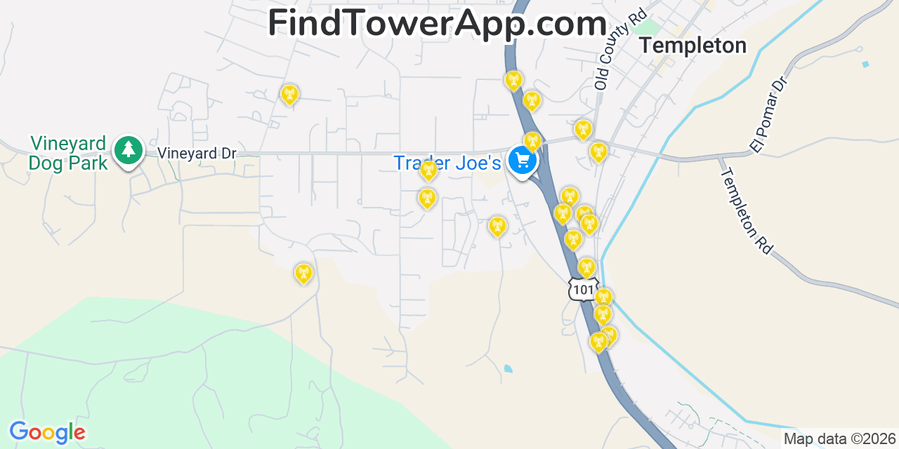 Map showing the 20 primary cell tower locations detected in Meadowbrook, California from AT&T, Verizon, and T-Mobile networks