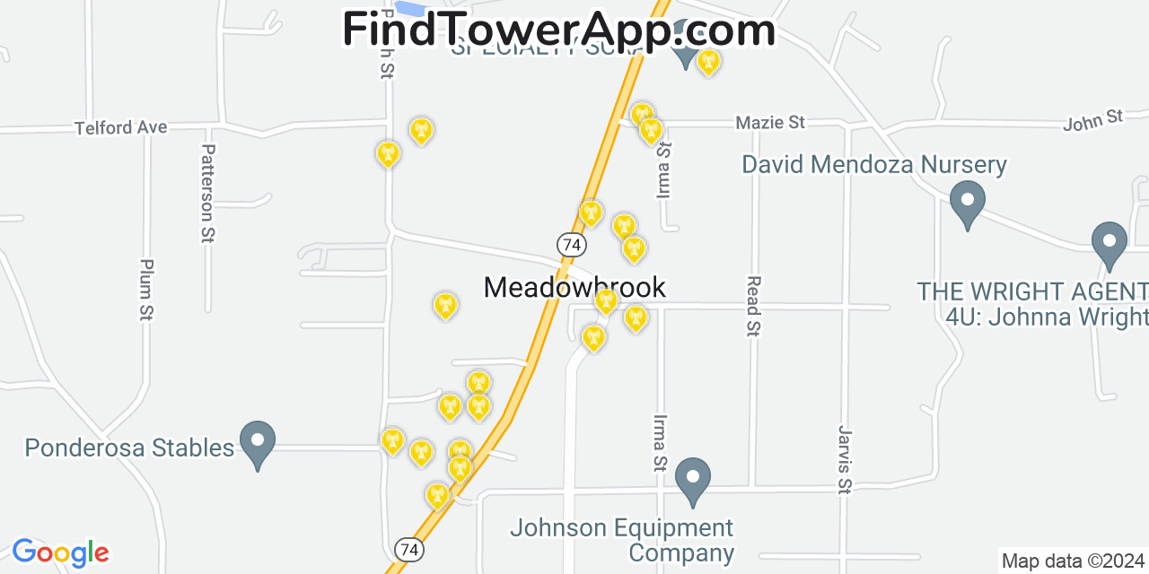 Verizon 4G/5G cell tower coverage map Meadowbrook, California