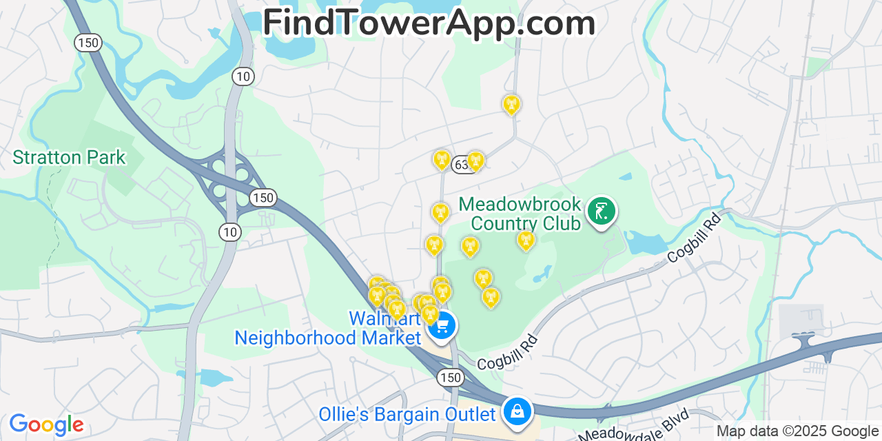 Map showing the 20 primary cell tower locations detected in Meadowbrook, Virginia from AT&T, Verizon, and T-Mobile networks