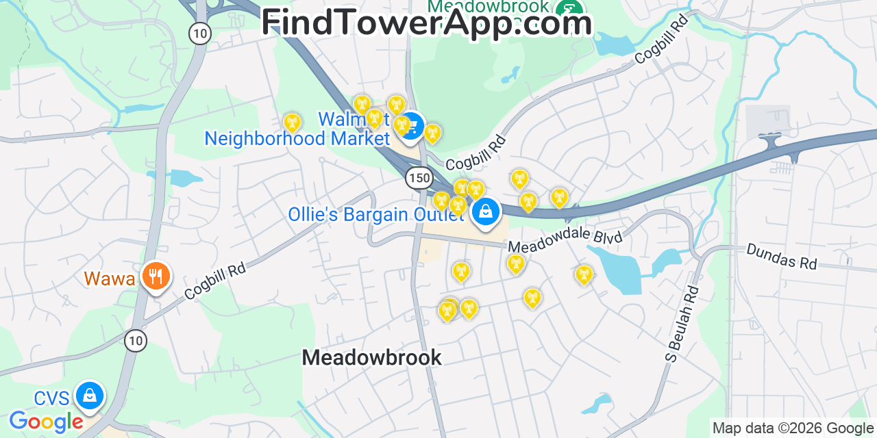 Map showing the 20 primary cell tower locations detected in Meadowbrook, Virginia from AT&T, Verizon, and T-Mobile networks
