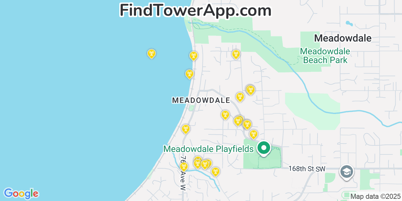 Map showing the 20 primary cell tower locations detected in Meadowdale, Washington from AT&T, Verizon, and T-Mobile networks