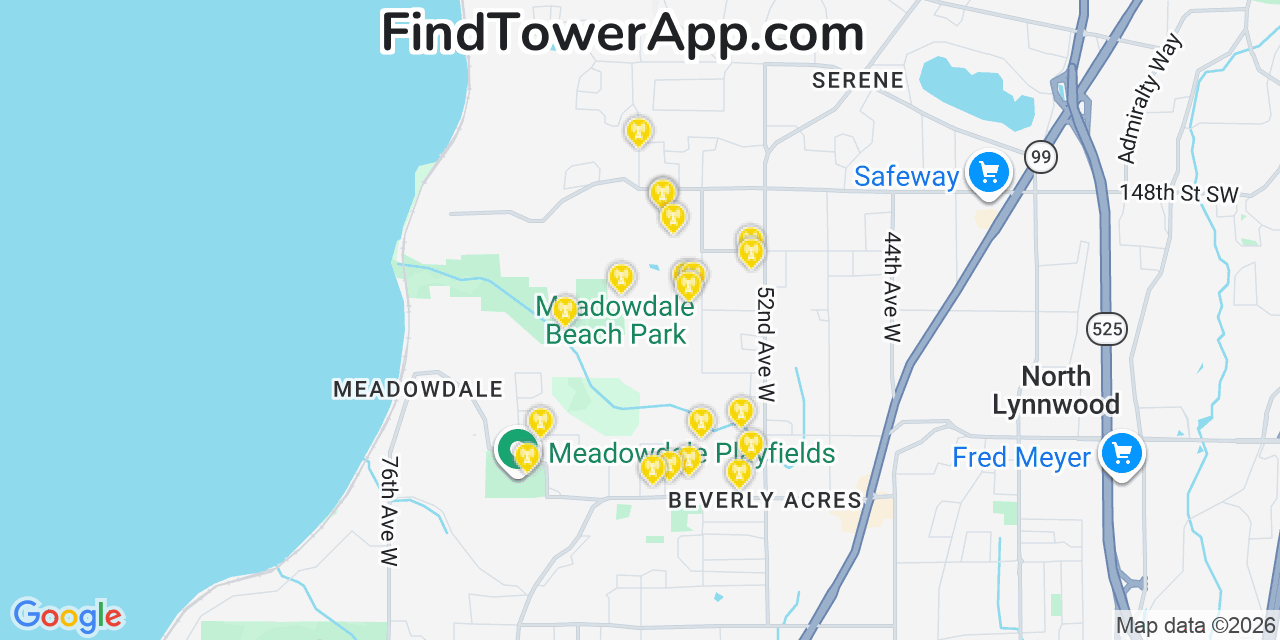 Map showing the 20 primary cell tower locations detected in Meadowdale, Washington from AT&T, Verizon, and T-Mobile networks