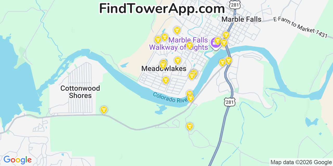 Map showing the 20 primary cell tower locations detected in Meadowlakes, Texas from AT&T, Verizon, and T-Mobile networks