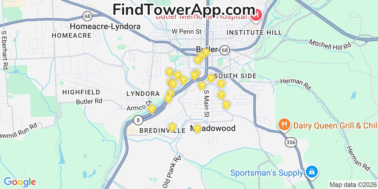 Map showing the 20 primary cell tower locations detected in Meadowood, Pennsylvania from AT&T, Verizon, and T-Mobile networks