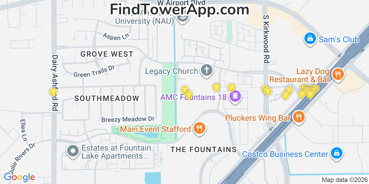 Map showing the 20 primary cell tower locations detected in Meadows Place, Texas from AT&T, Verizon, and T-Mobile networks