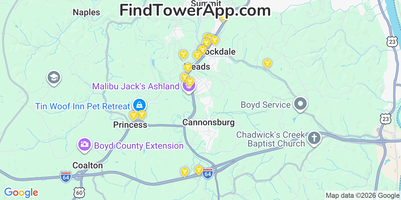 Map showing the 20 primary cell tower locations detected in Meads, Kentucky from AT&T, Verizon, and T-Mobile networks