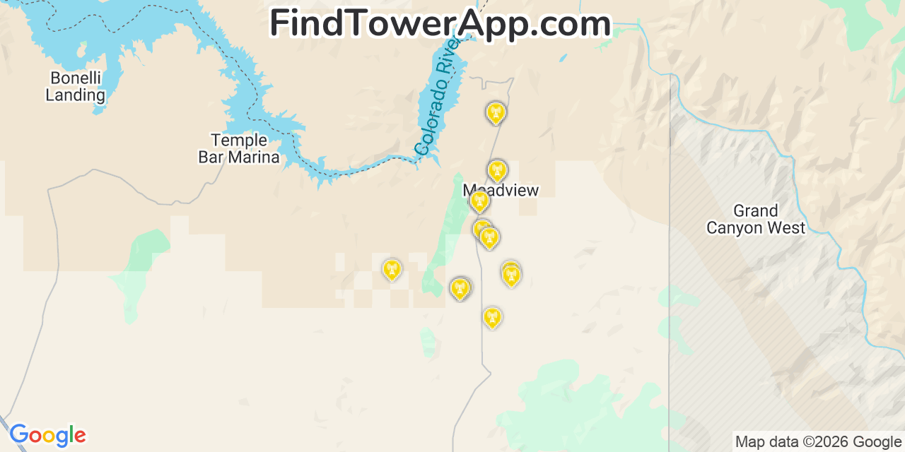 Map showing the 20 primary cell tower locations detected in Meadview, Arizona from AT&T, Verizon, and T-Mobile networks