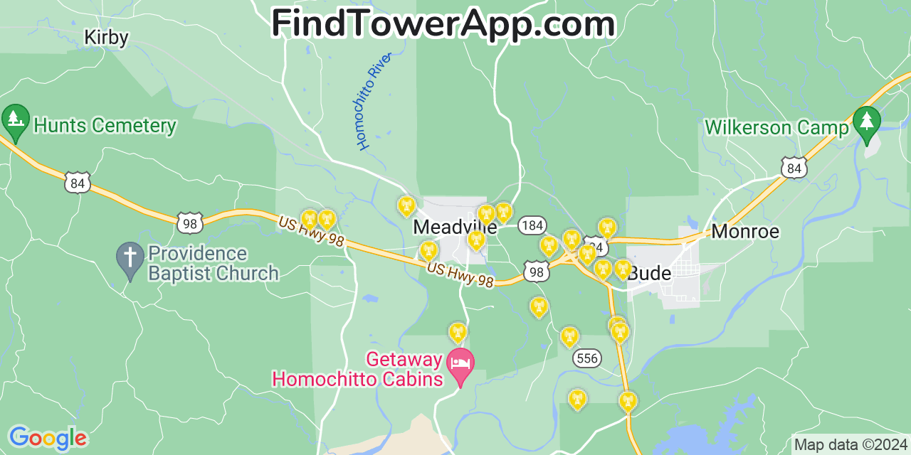 AT&T 4G/5G cell tower coverage map Meadville, Mississippi