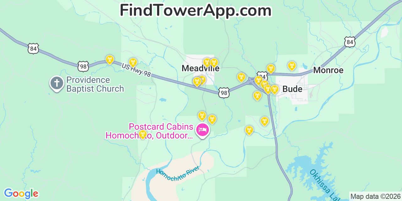 Map showing the 20 primary cell tower locations detected in Meadville, Mississippi from AT&T, Verizon, and T-Mobile networks