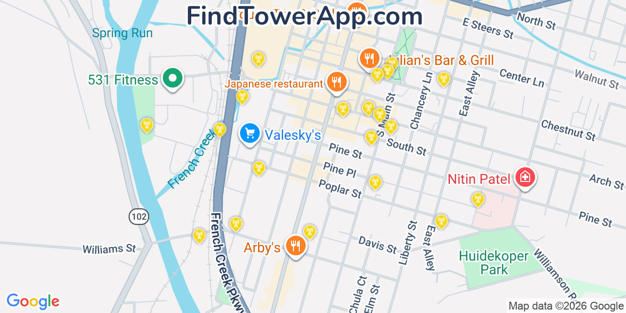 Map showing the 20 primary cell tower locations detected in Meadville, Pennsylvania from AT&T, Verizon, and T-Mobile networks