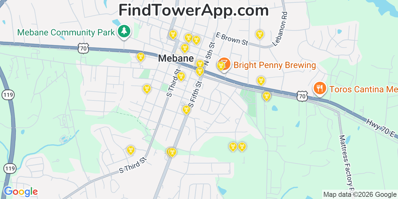 Map showing the 20 primary cell tower locations detected in Mebane, North Carolina from AT&T, Verizon, and T-Mobile networks