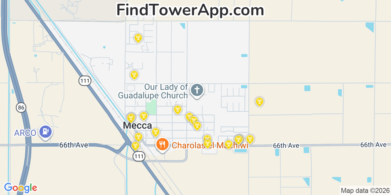 Map showing the 20 primary cell tower locations detected in Mecca, California from AT&T, Verizon, and T-Mobile networks