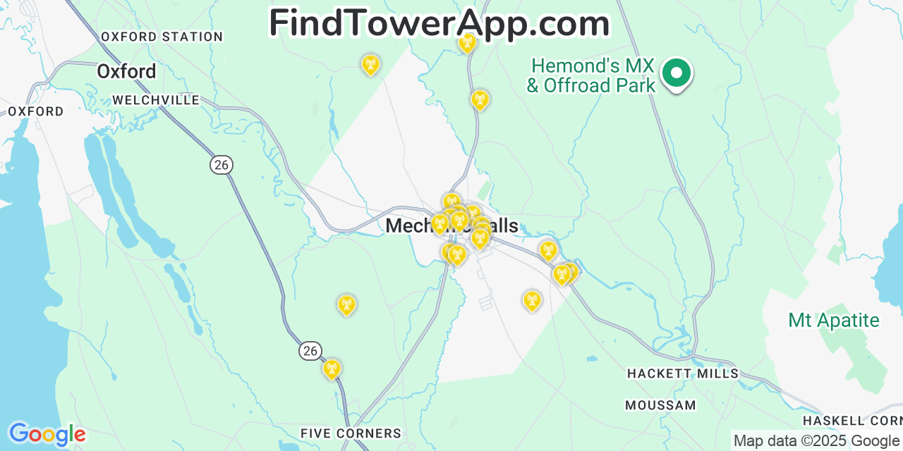 Map showing the 20 primary cell tower locations detected in Mechanic Falls, Maine from AT&T, Verizon, and T-Mobile networks