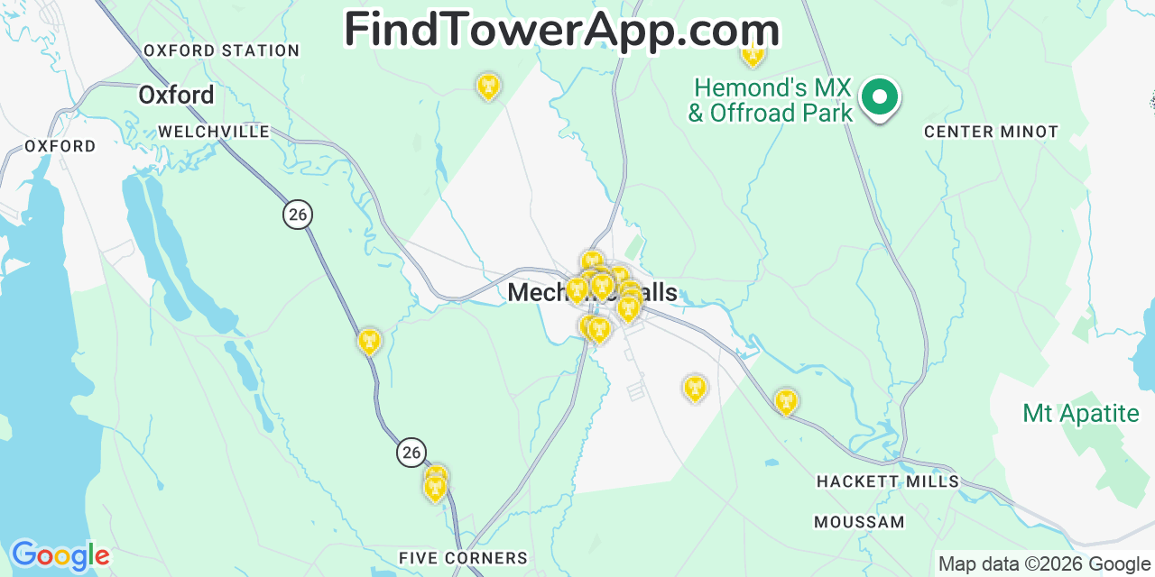 Map showing the 20 primary cell tower locations detected in Mechanic Falls, Maine from AT&T, Verizon, and T-Mobile networks