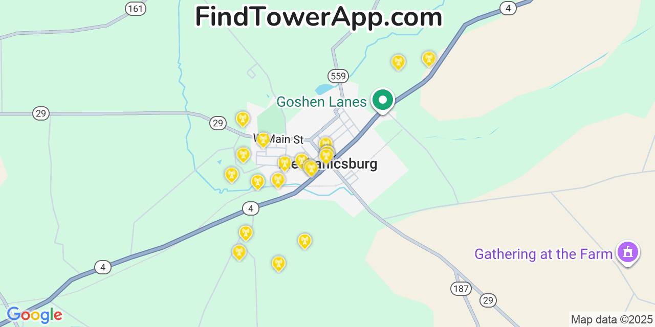 Map showing the 20 primary cell tower locations detected in Mechanicsburg, Ohio from AT&T, Verizon, and T-Mobile networks