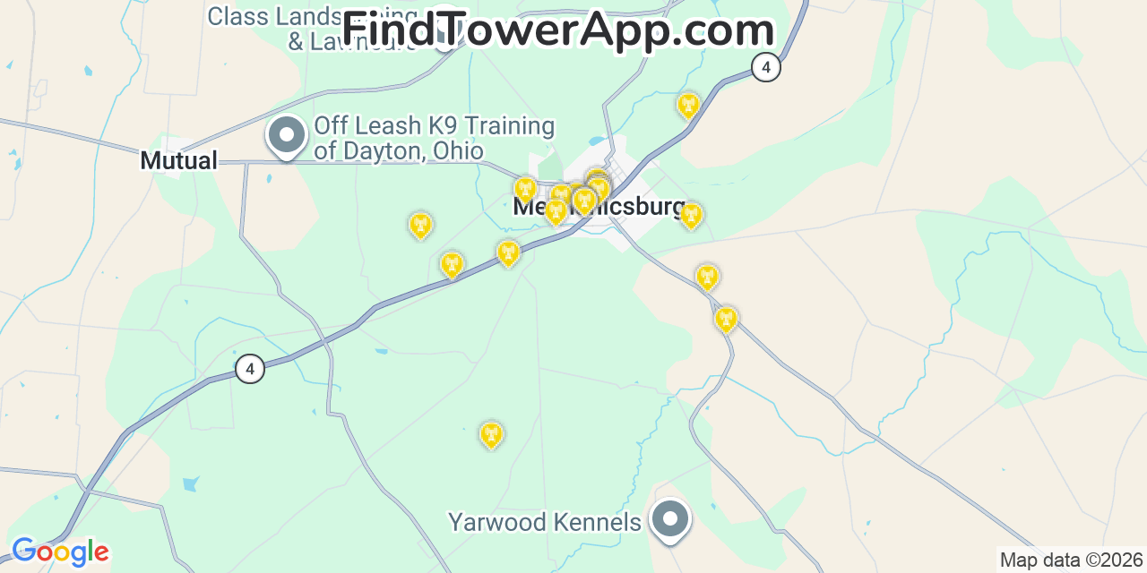 Map showing the 20 primary cell tower locations detected in Mechanicsburg, Ohio from AT&T, Verizon, and T-Mobile networks