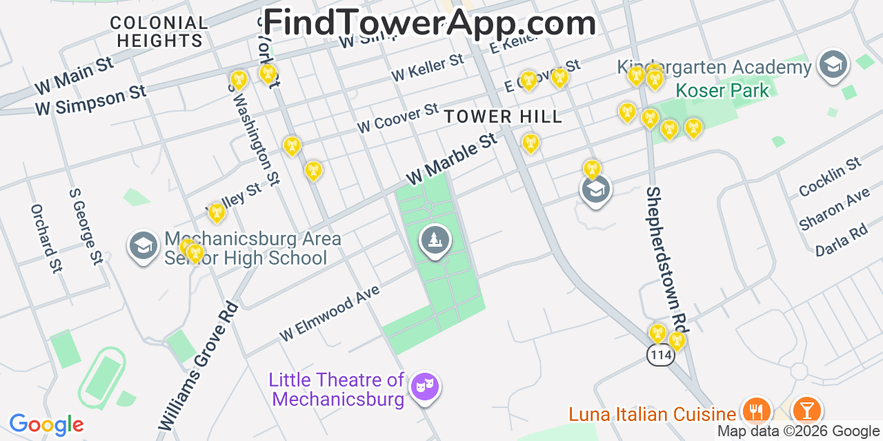 Map showing the 20 primary cell tower locations detected in Mechanicsburg, Pennsylvania from AT&T, Verizon, and T-Mobile networks