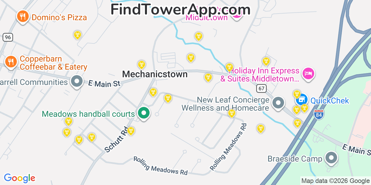 Map showing the 20 primary cell tower locations detected in Mechanicstown, New York from AT&T, Verizon, and T-Mobile networks