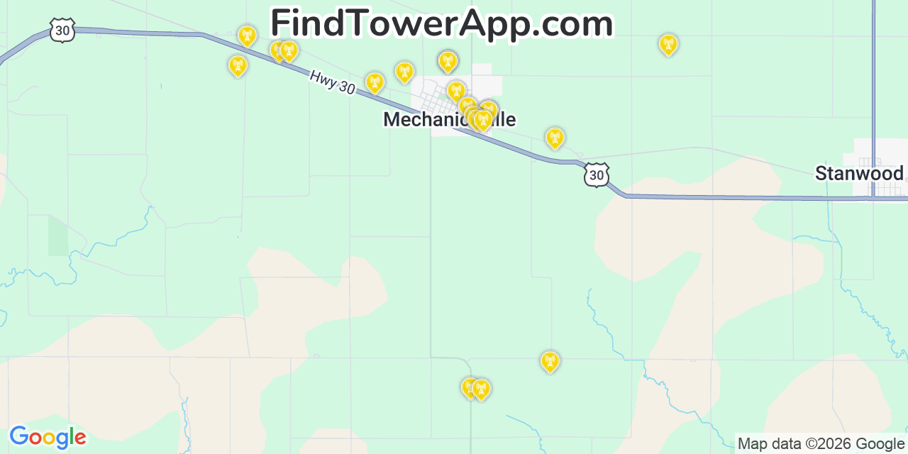 Map showing the 20 primary cell tower locations detected in Mechanicsville, Iowa from AT&T, Verizon, and T-Mobile networks