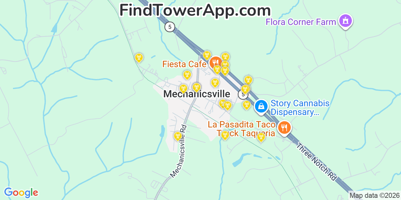 Map showing the 20 primary cell tower locations detected in Mechanicsville, Maryland from AT&T, Verizon, and T-Mobile networks