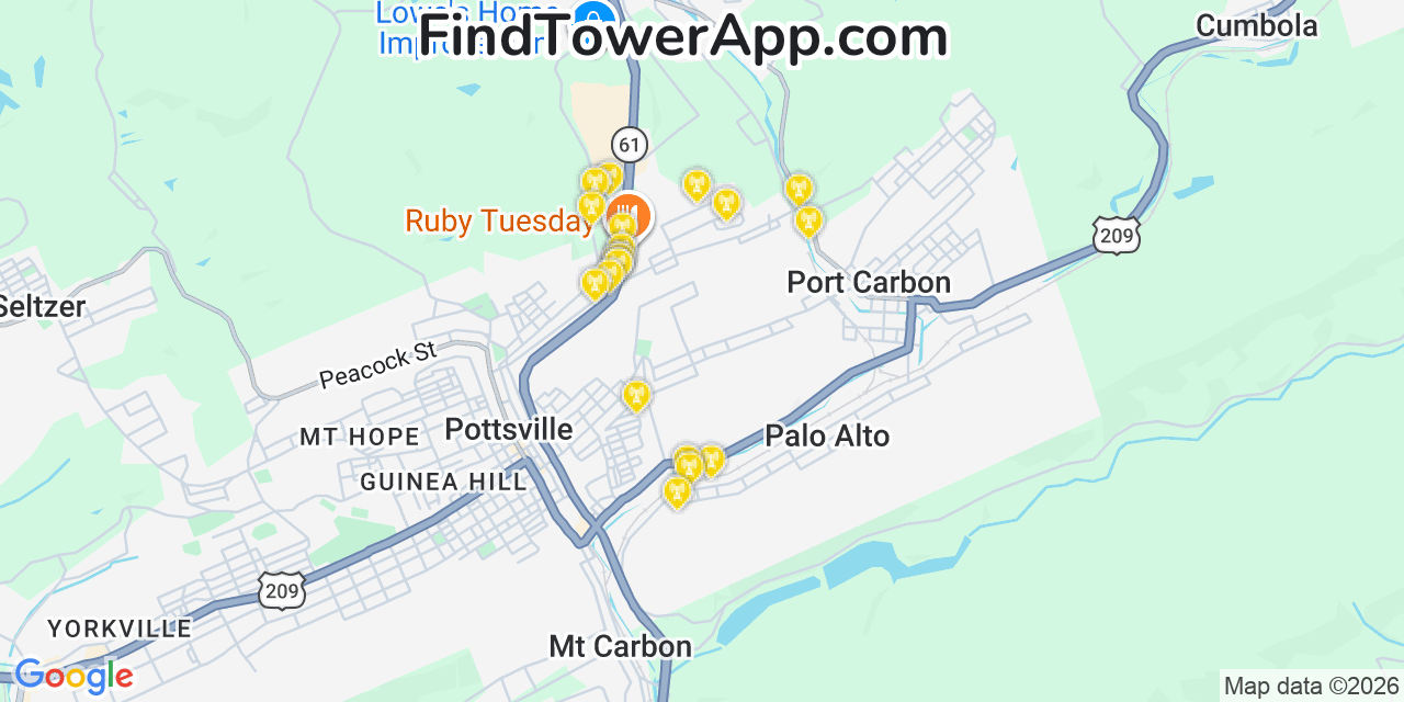 Map showing the 20 primary cell tower locations detected in Mechanicsville, Pennsylvania from AT&T, Verizon, and T-Mobile networks
