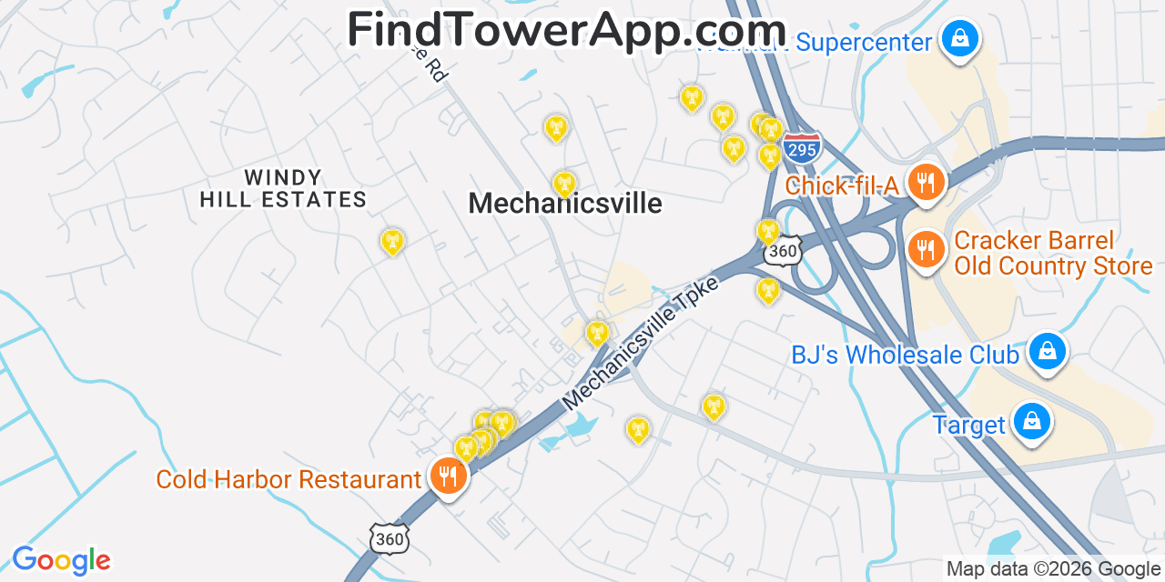 Map showing the 20 primary cell tower locations detected in Mechanicsville, Virginia from AT&T, Verizon, and T-Mobile networks
