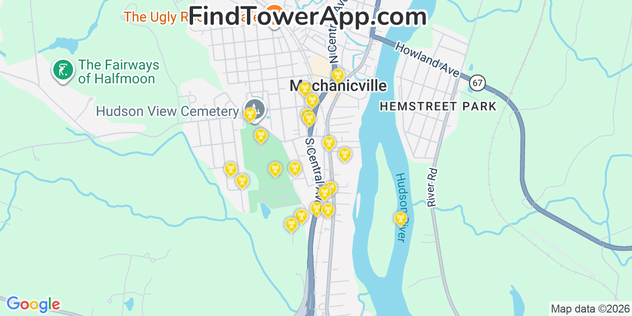 Map showing the 20 primary cell tower locations detected in Mechanicville, New York from AT&T, Verizon, and T-Mobile networks