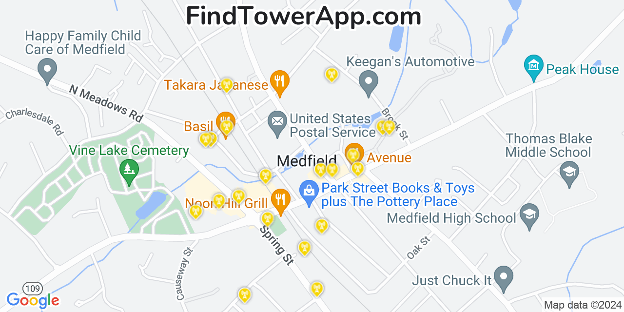 AT&T 4G/5G cell tower coverage map Medfield, Massachusetts