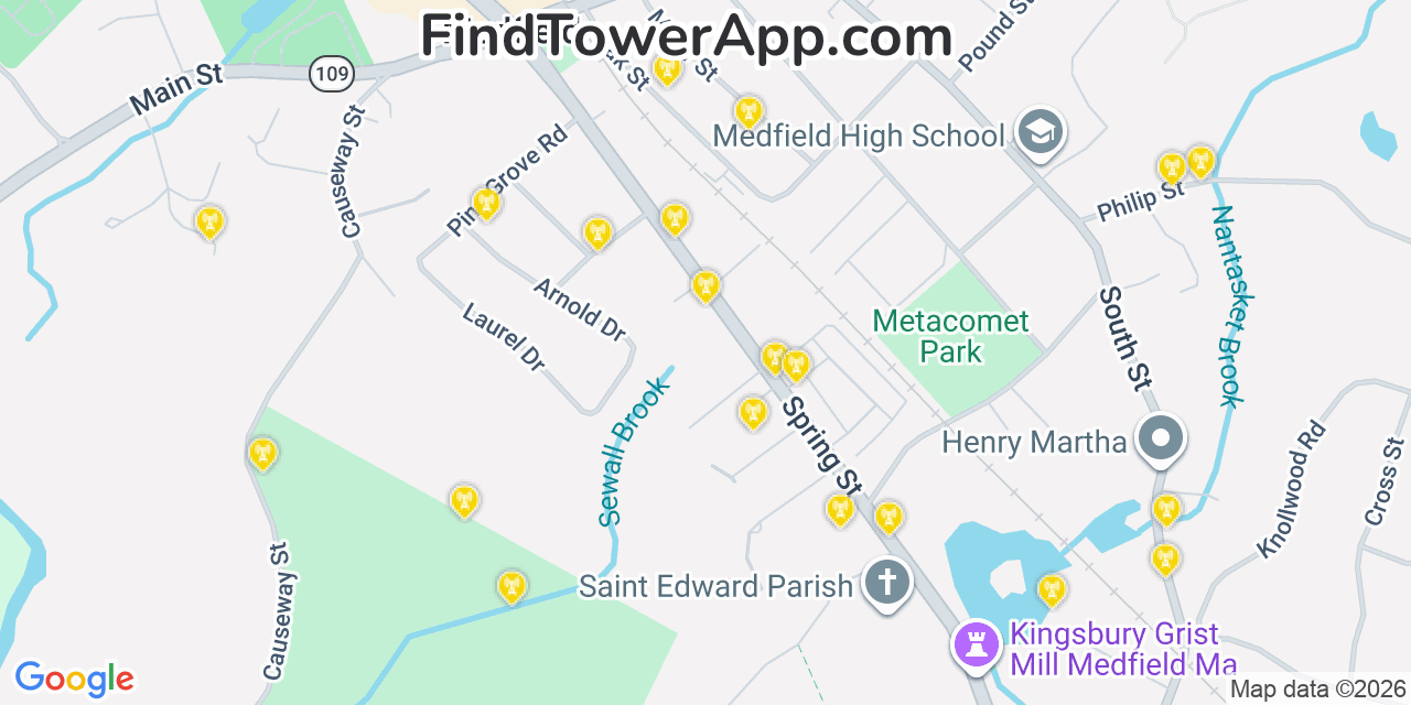 Map showing the 20 primary cell tower locations detected in Medfield, Massachusetts from AT&T, Verizon, and T-Mobile networks