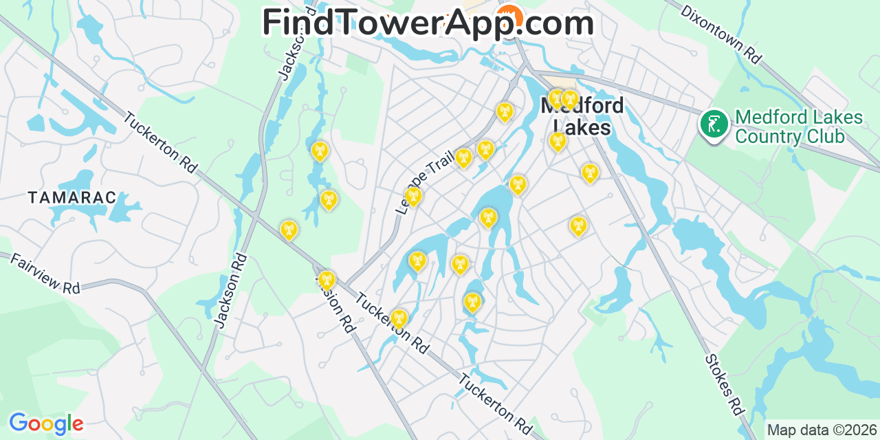 Map showing the 20 primary cell tower locations detected in Medford Lakes, New Jersey from AT&T, Verizon, and T-Mobile networks