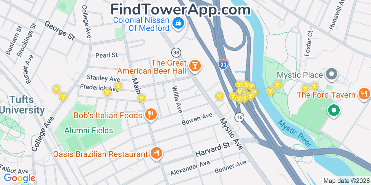 Map showing the 20 primary cell tower locations detected in Medford, Massachusetts from AT&T, Verizon, and T-Mobile networks