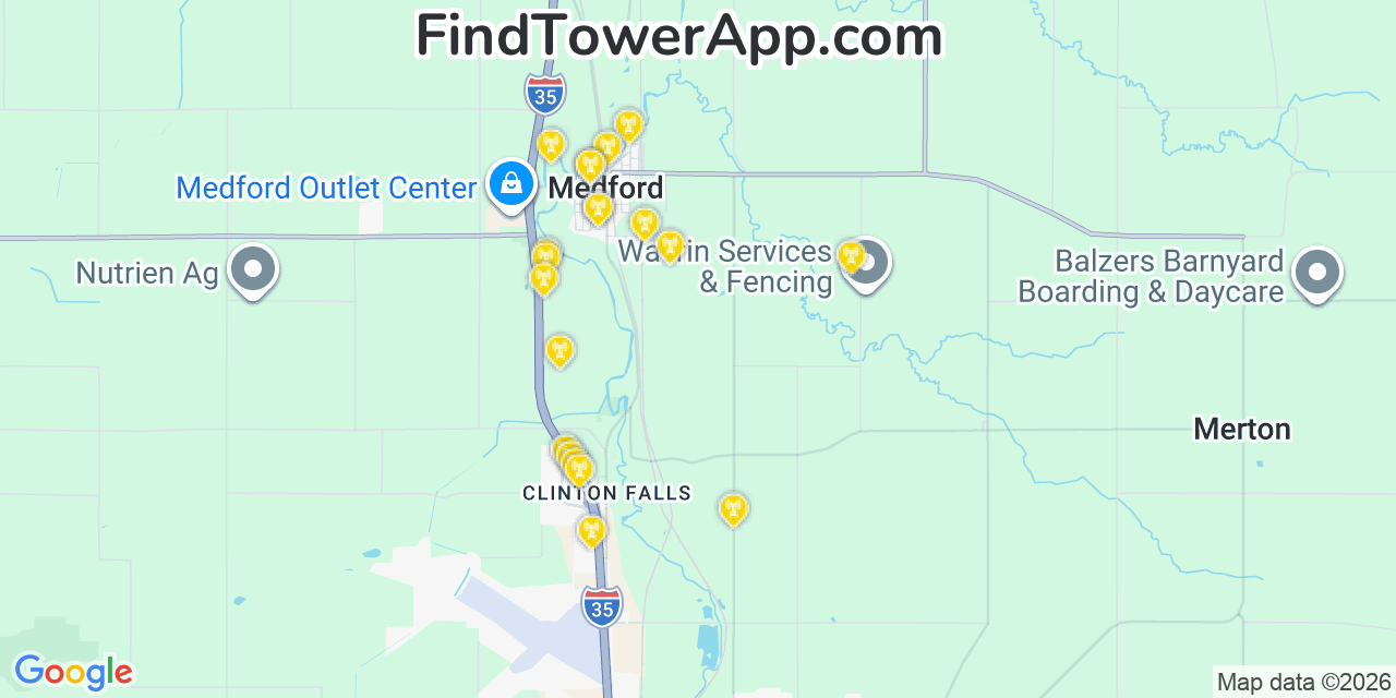 Map showing the 20 primary cell tower locations detected in Medford, Minnesota from AT&T, Verizon, and T-Mobile networks