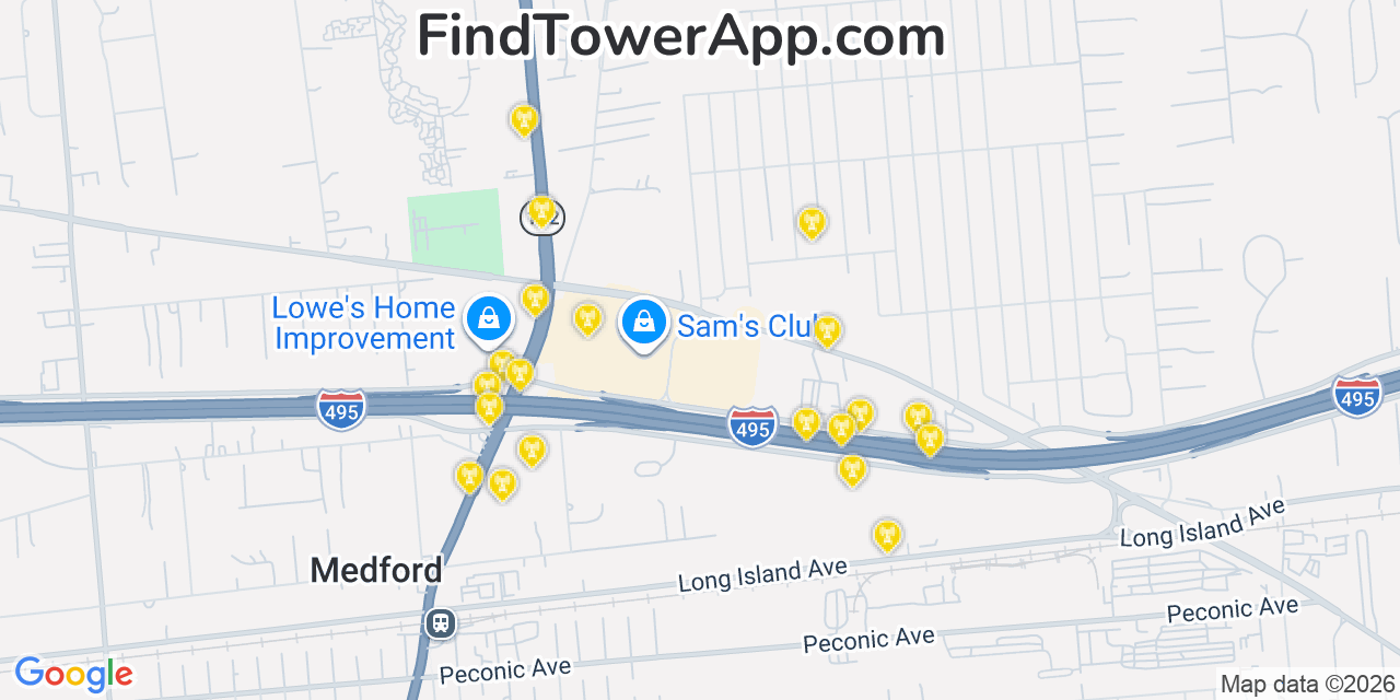 Map showing the 20 primary cell tower locations detected in Medford, New York from AT&T, Verizon, and T-Mobile networks