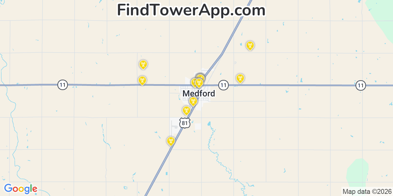Map showing the 20 primary cell tower locations detected in Medford, Oklahoma from AT&T, Verizon, and T-Mobile networks