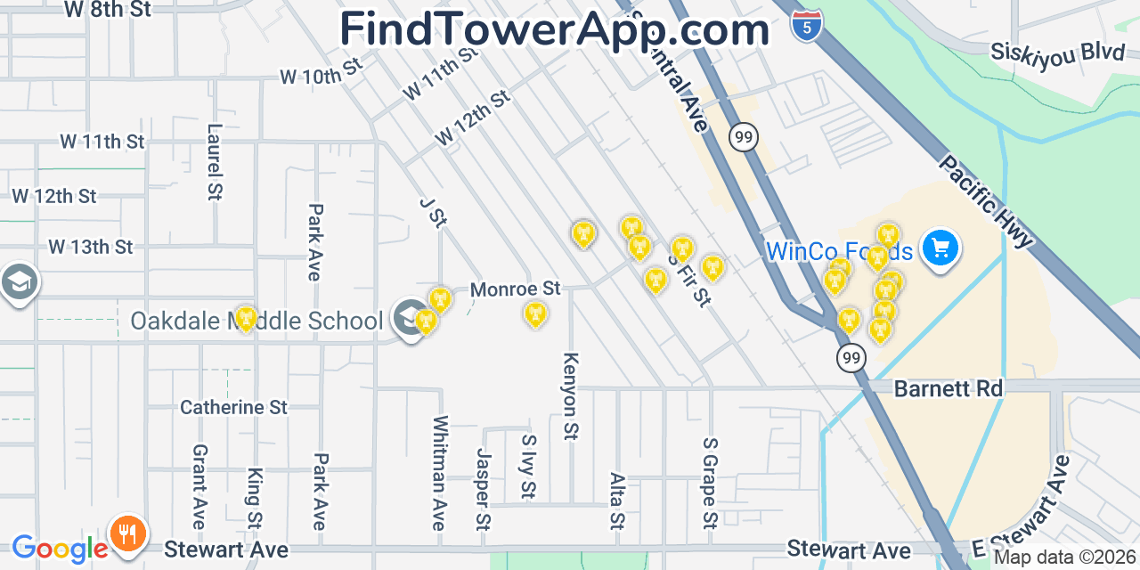Map showing the 20 primary cell tower locations detected in Medford, Oregon from AT&T, Verizon, and T-Mobile networks
