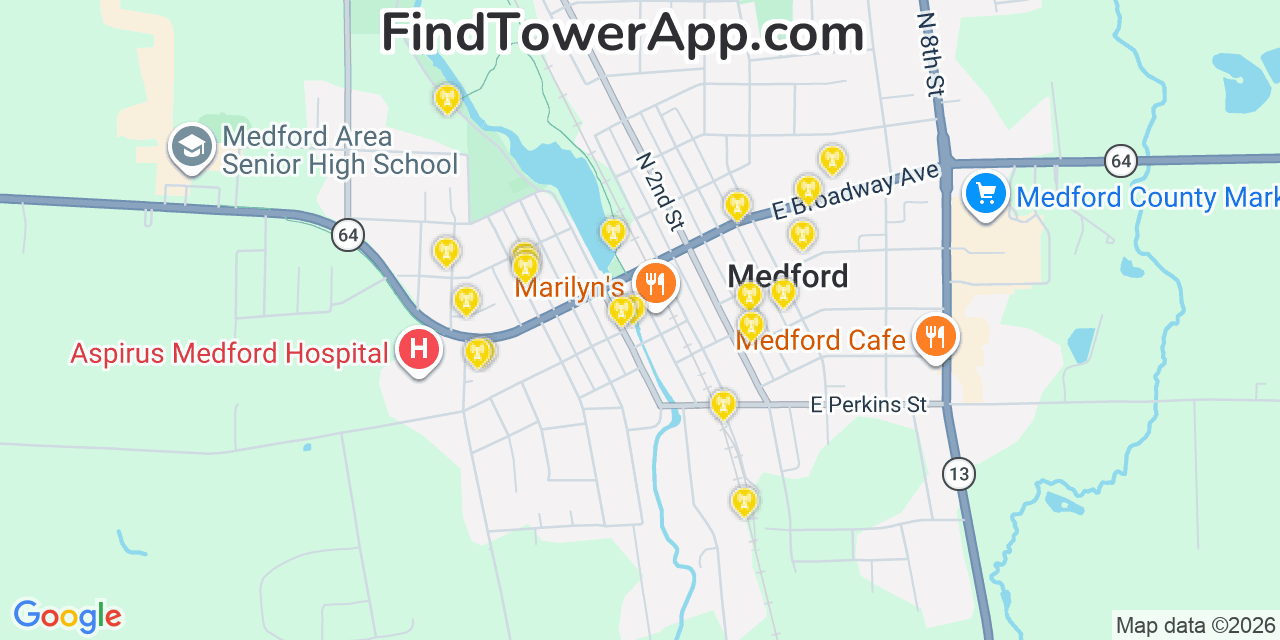 Map showing the 20 primary cell tower locations detected in Medford, Wisconsin from AT&T, Verizon, and T-Mobile networks