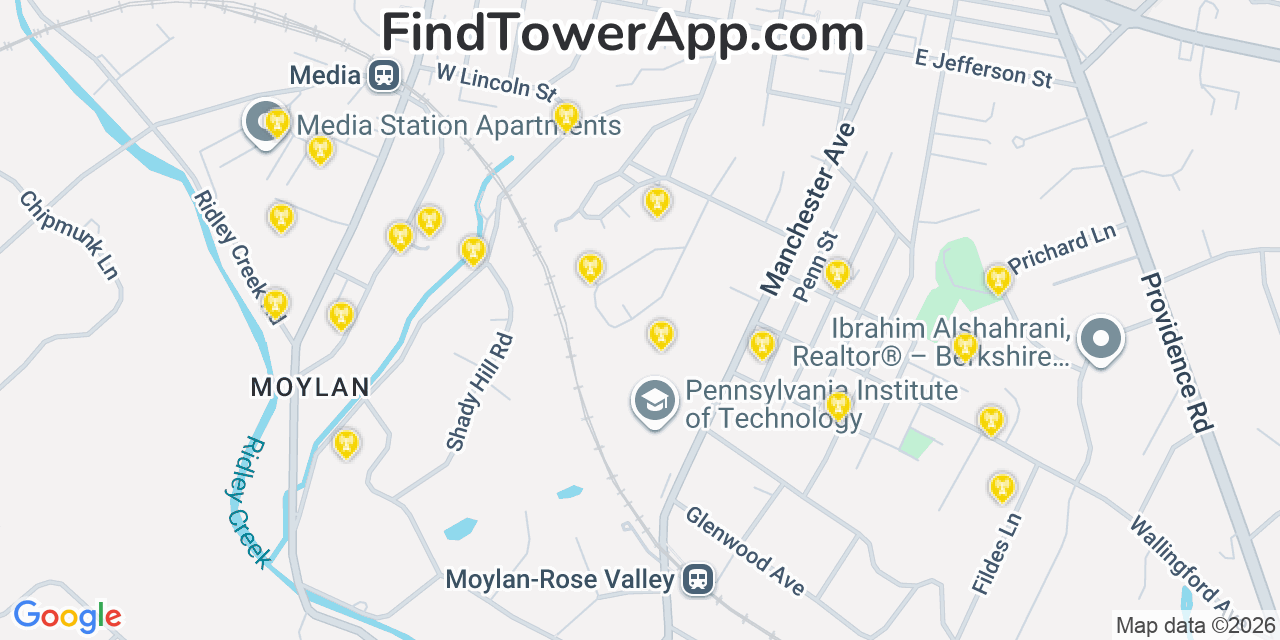 Map showing the 20 primary cell tower locations detected in Media, Pennsylvania from AT&T, Verizon, and T-Mobile networks