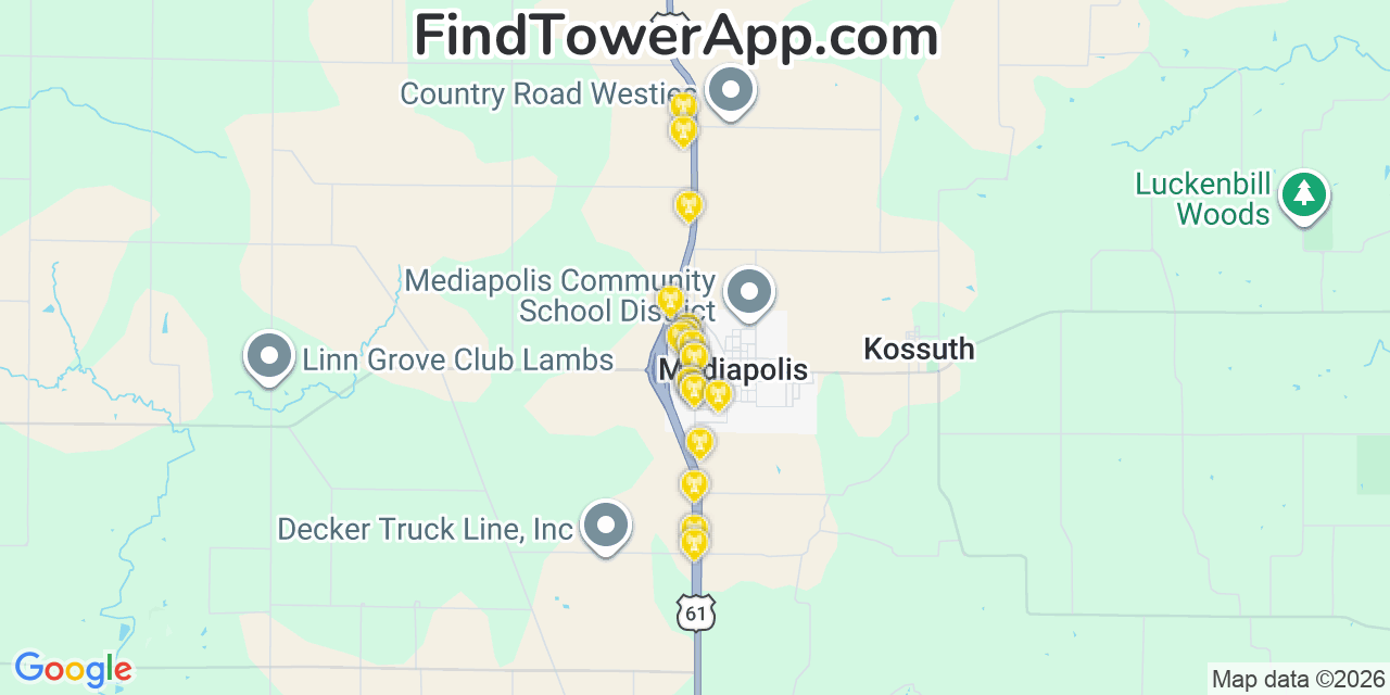 Map showing the 20 primary cell tower locations detected in Mediapolis, Iowa from AT&T, Verizon, and T-Mobile networks